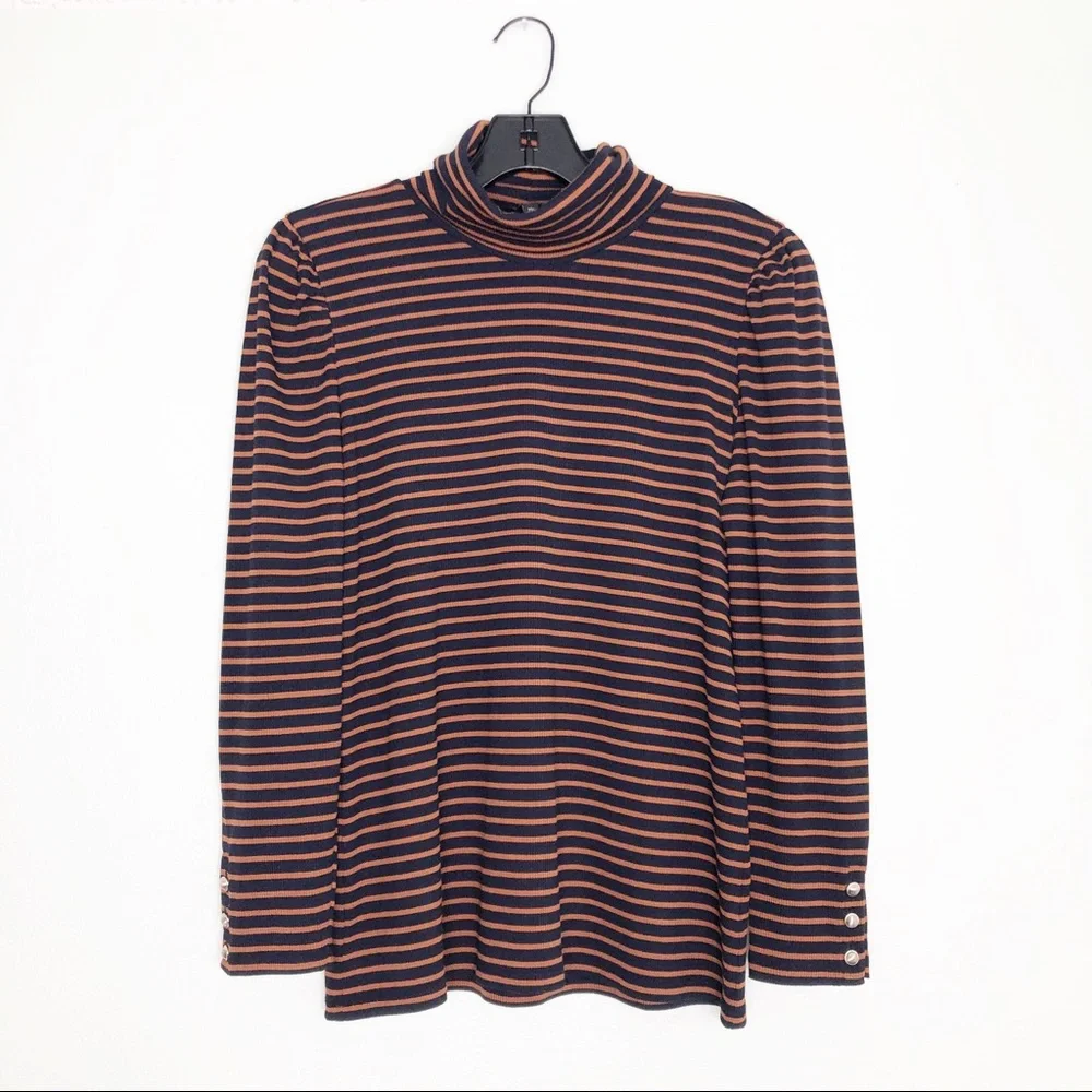 Talbots 2020 Orange & Navy Ribbed Stripe Button Cuff Turtle Neck Size Medium P - Picture 2 of 10